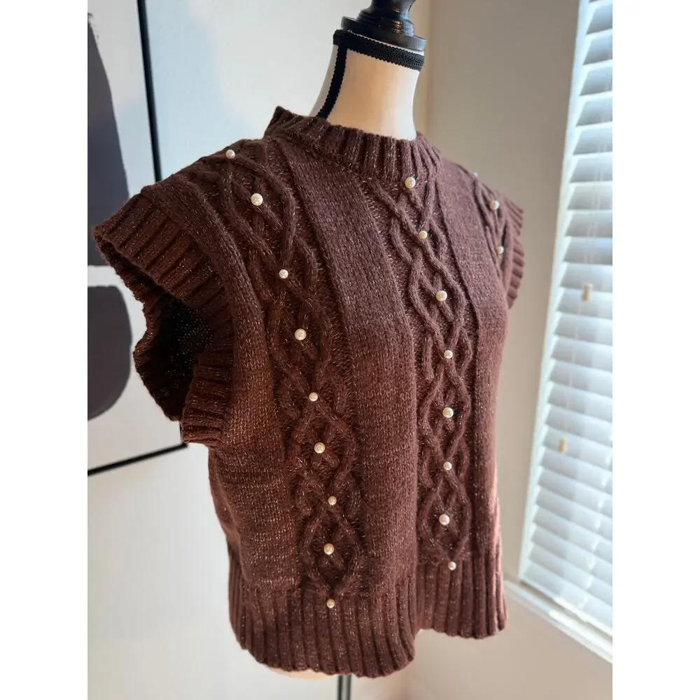OntWelfth Metallic Knit Sleeveless Sweater Vest with Pearls – Brown Shimmer, XL - Picture 11 of 15